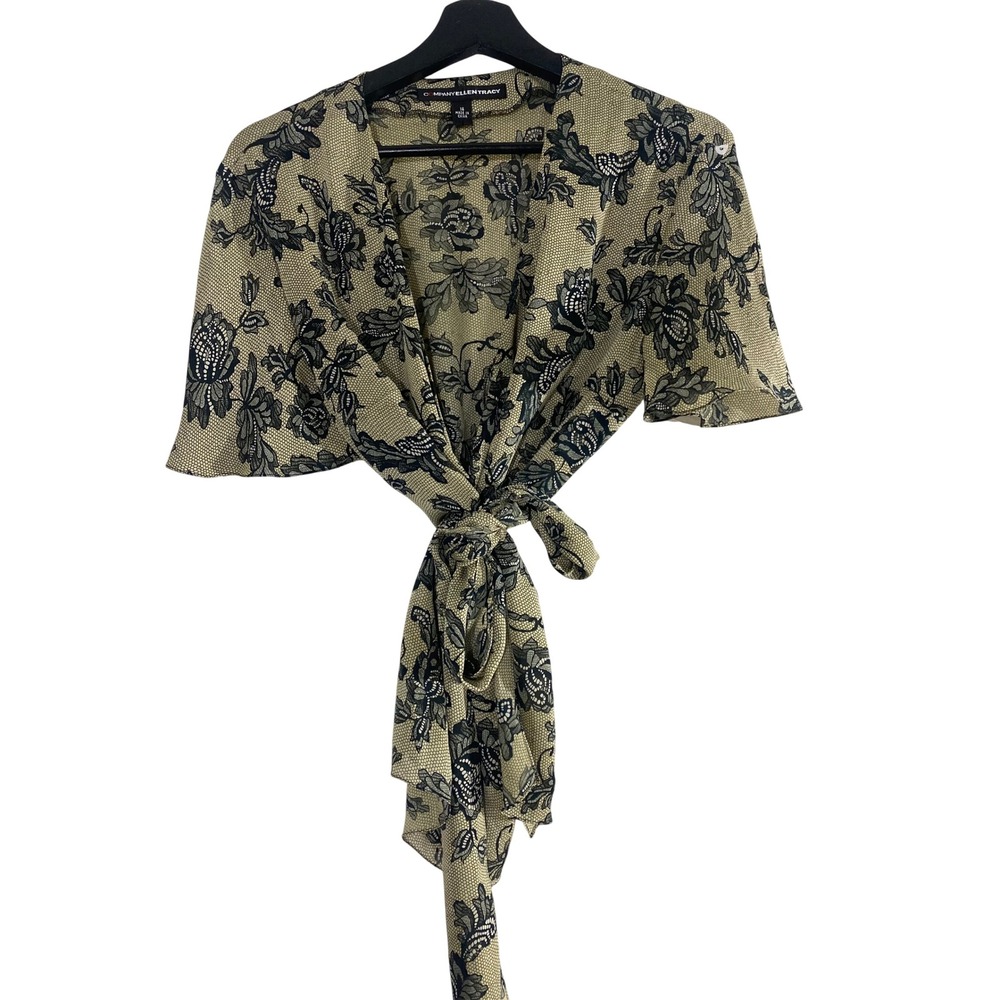 Company Ellen Tracy Wrap Top Women 14 Tan Black Excellent Silk Floral Lace Print